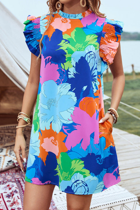 Bold Floral Flutter Sleeve Shift Mini Dress with Pockets